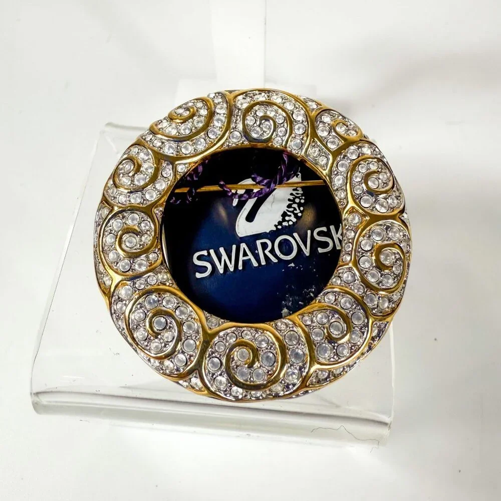Swarovski Gold Tone Swirl Design Brooch & Clip-On Earrings Set Clear Crystals - Picture 2 of 8